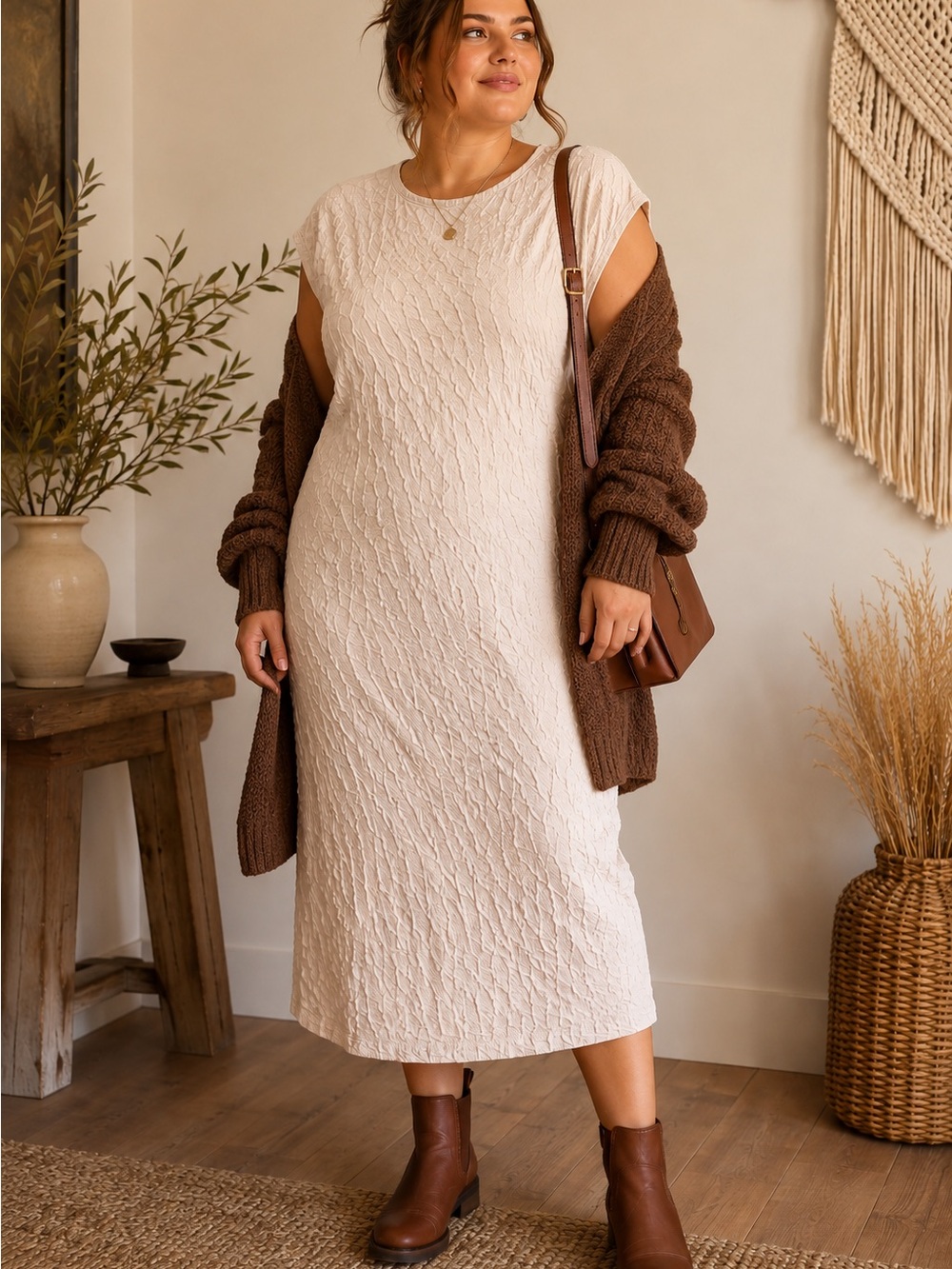 Sharagano NWT Textured Crinkle Midi Dress 12 Sand Lagenlook Stretch Neutral